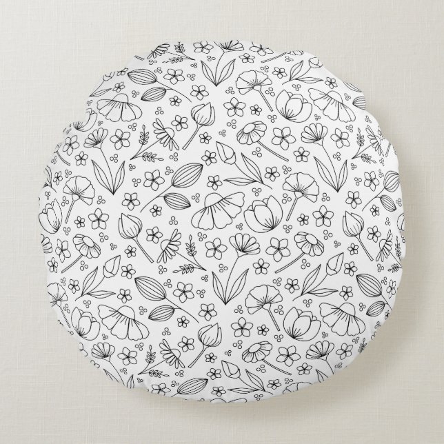 Floral black doodles round cushion (Front)
