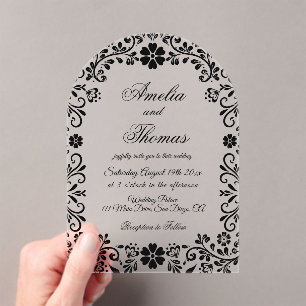 Floral Black Elegant Wedding Acrylic Invitations