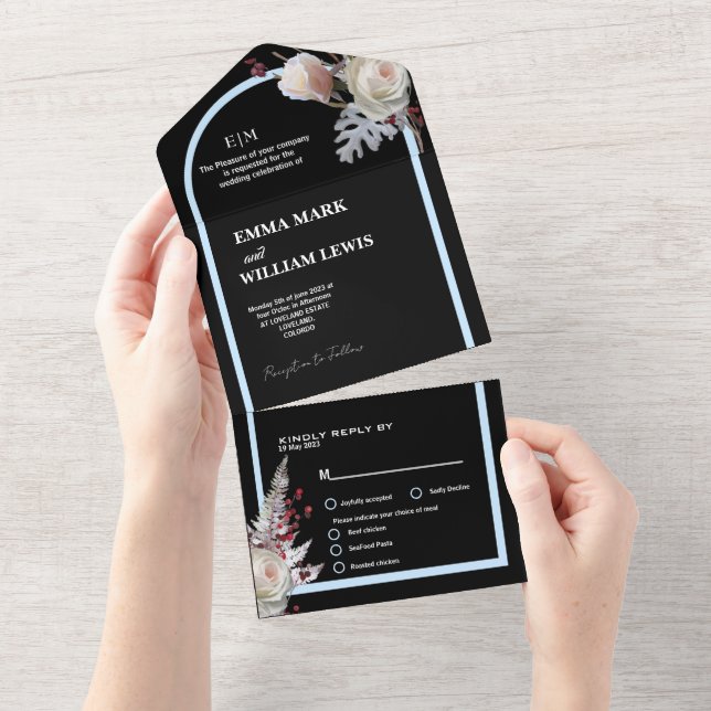 Floral black elegent wedding  all in one invitation (Tearaway)