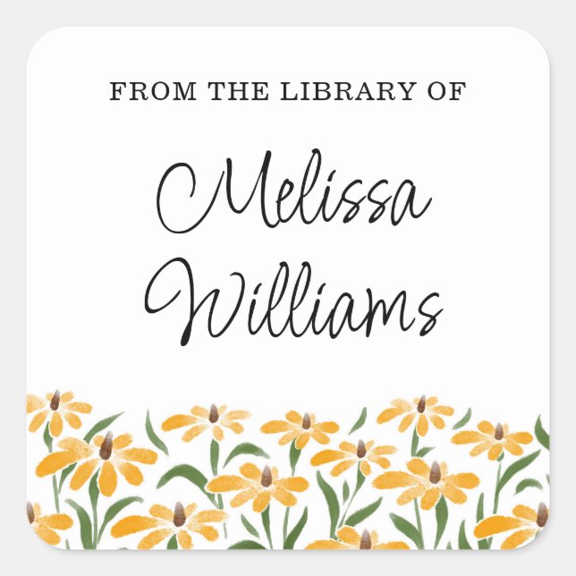 Floral Black-Eyed Susan Watercolor Bookplate Square Sticker (Front)