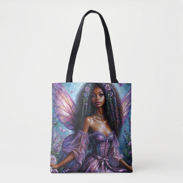 Floral Black Fairy With Purple Wings Art Tote Bag (Front)