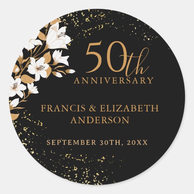 Floral Black Gold  50th Wedding Anniversary Classic Round Sticker (Front)