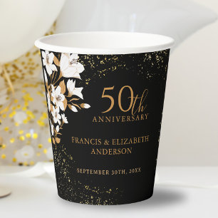 Floral Black Gold 50th Wedding Anniversary Paper Cups