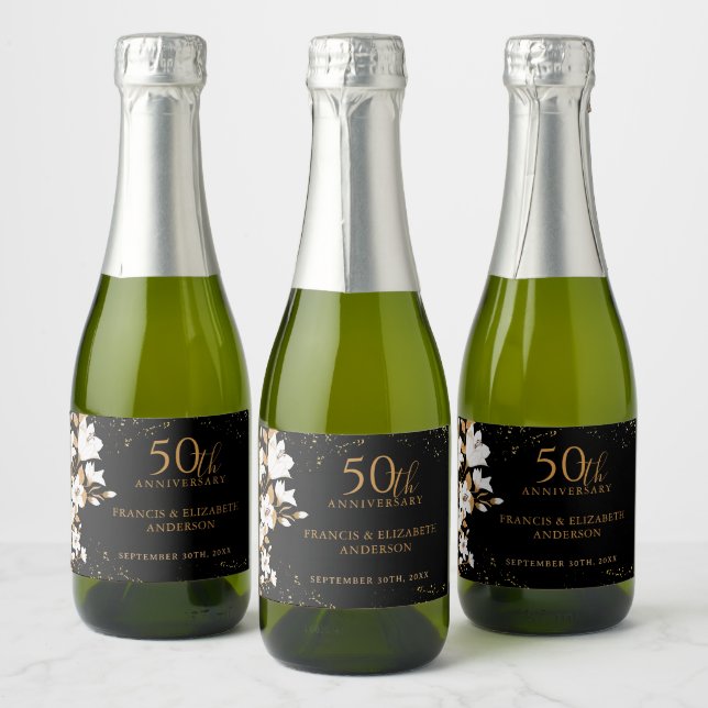 Floral Black Gold  50th Wedding Anniversary Sparkling Wine Label (Bottles)