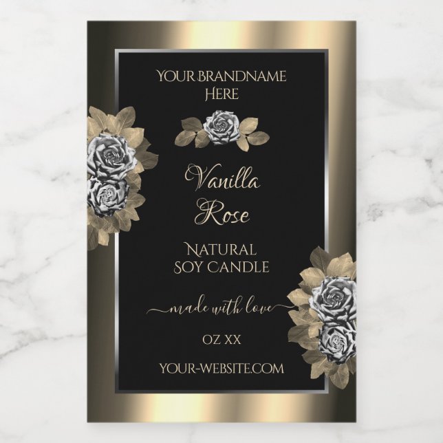 Floral Black Gold and Silver Product Labels Roses (Single Label)