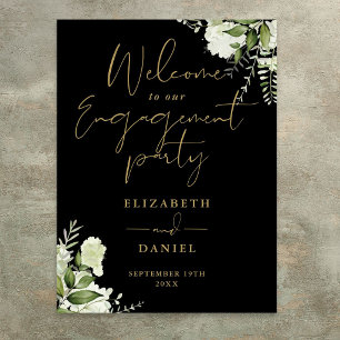 Floral Black Gold Engagement Party Welcome Sign