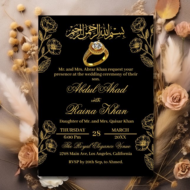 Floral Black Gold Muslim Islamic Engagement Invitation (Creator Uploaded)