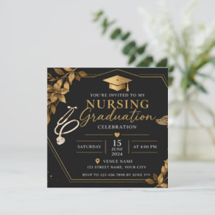 Floral Black Gold Nursing Graduation Invitation El
