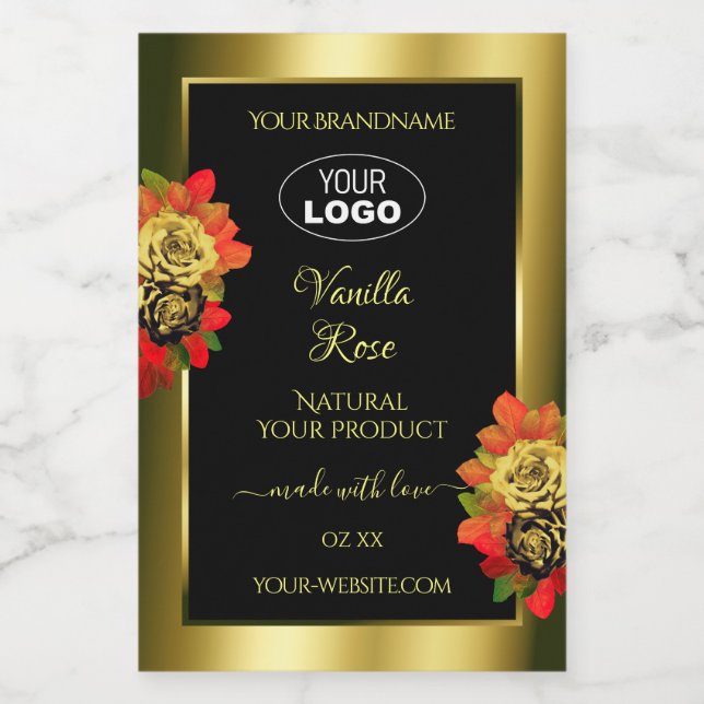 Floral Black Gold Shimmer Product Label Roses Logo (Single Label)