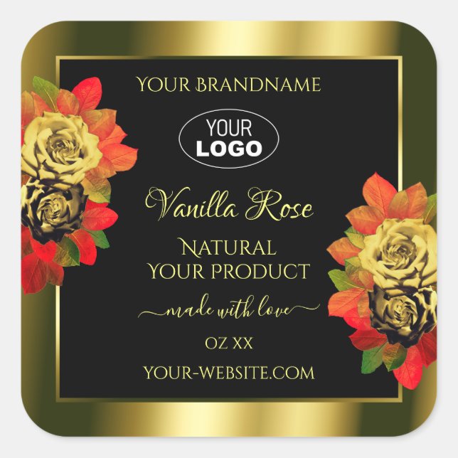 Floral Black Gold Shimmer Product Label Roses Logo (Front)