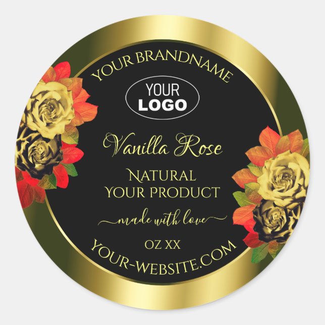 Floral Black Gold Shimmer Product Label Roses Logo (Front)
