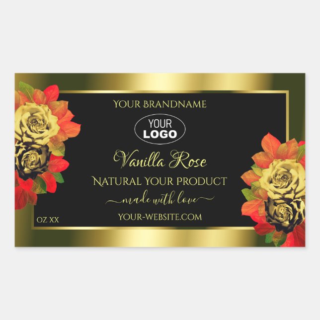 Floral Black Gold Shimmer Product Label Roses Logo (Front)