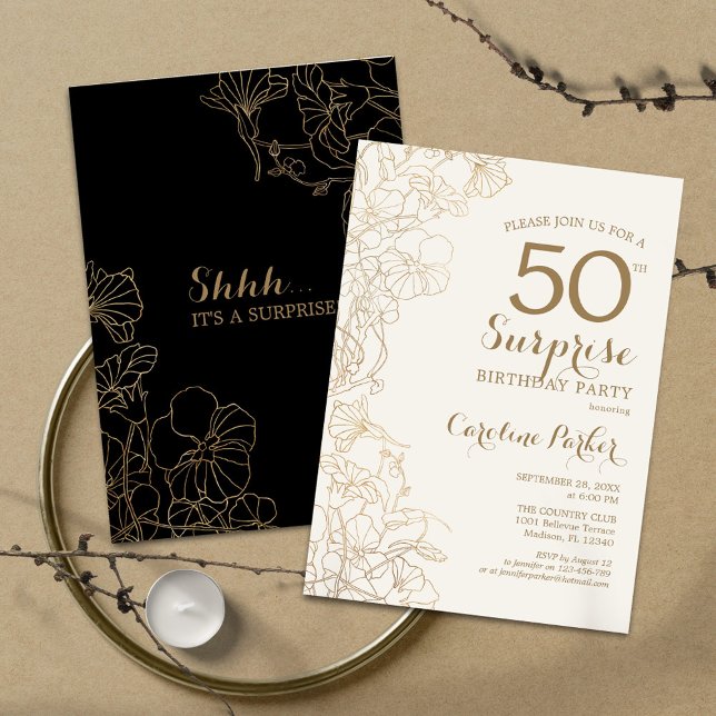 Floral Black Gold Surprise 50th Birthday Party Invitation (Creator Uploaded)