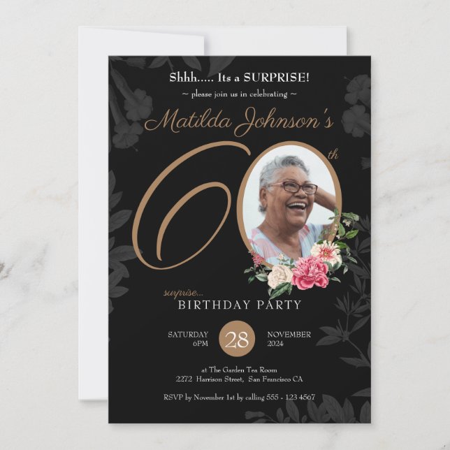 Floral Black Gold Surprise 60th Birthday  Invitation (Front)