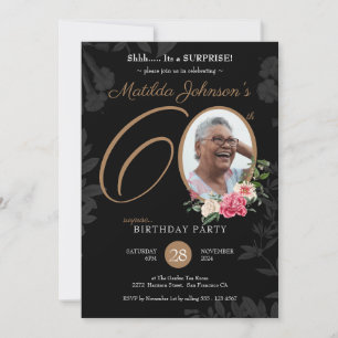 Floral Black Gold Surprise 60th Birthday  Invitation
