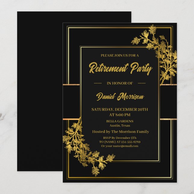 Floral Black Gold Surprise Retirement Party 2024 Invitation (Front/Back)