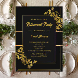 Floral Black Gold Surprise Retirement Party 2024 Invitation