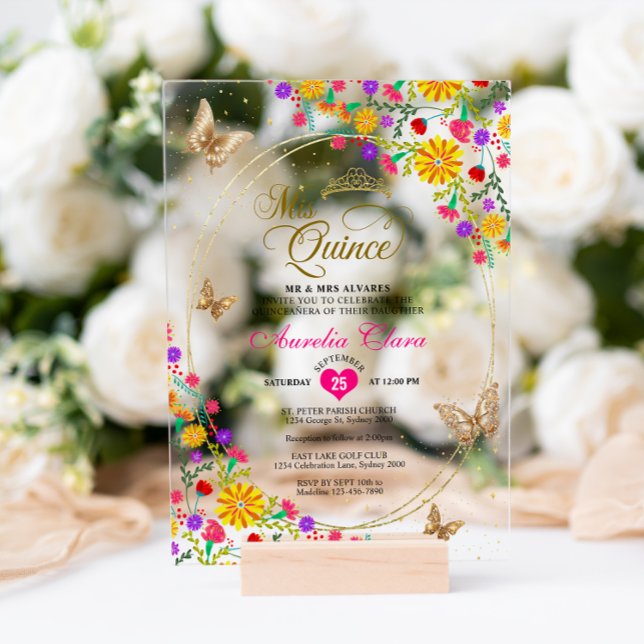 Floral Black Gold Tiara Butterfly Mis Quinceañera Acrylic Invitations (Creator Uploaded)