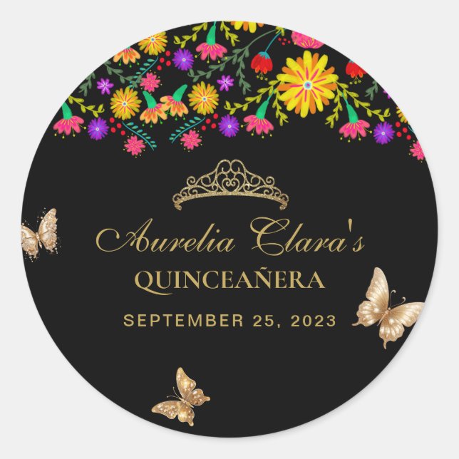 Floral Black Gold Tiara Butterfly Mis Quinceañera Classic Round Sticker (Front)