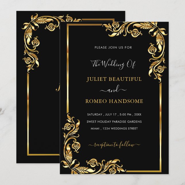 Floral Black Gold Wedding Invitation Template (Front/Back)