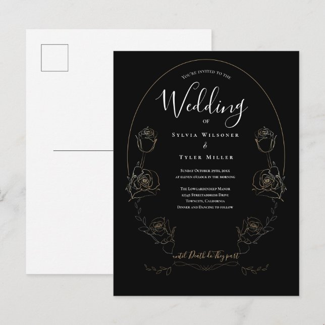 Floral Black Gothic Wedding Invitation Postcard (Front/Back)