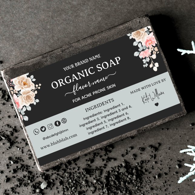 Floral Black Homemade Soap Label Rectangle (Creator Uploaded)