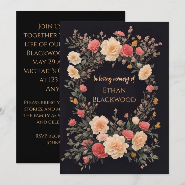 Floral Black In Loving Memory Funeral Invitation (Front/Back)