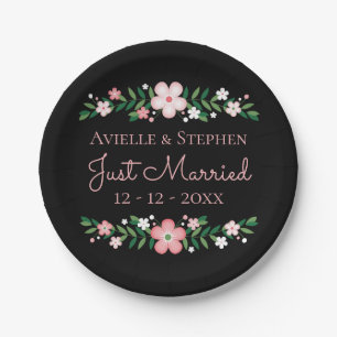 Floral Black Just Married Pink Flowers Wedding Paper Plate