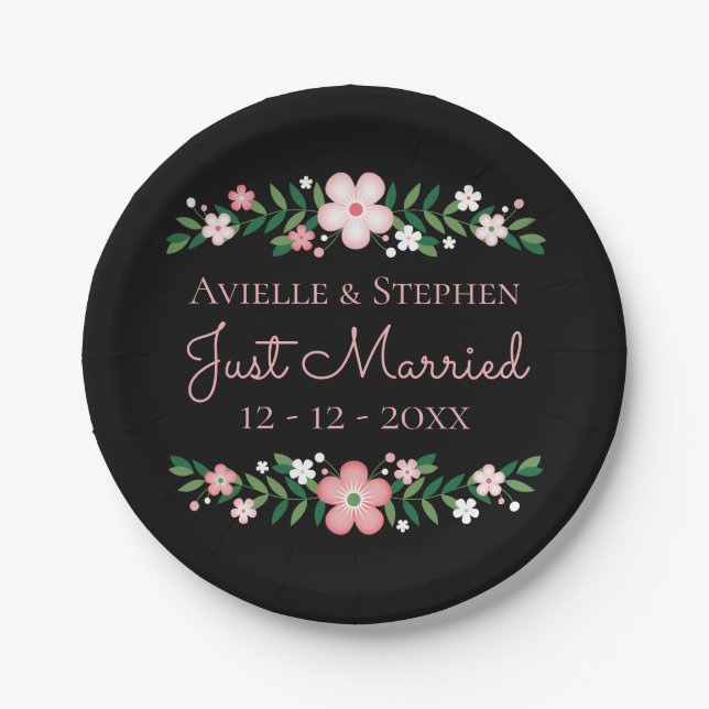 Floral Black Just Married Pink Flowers Wedding Paper Plate (Front)