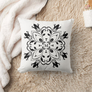 Floral Black Mandala Monogrammed Throw Pillow