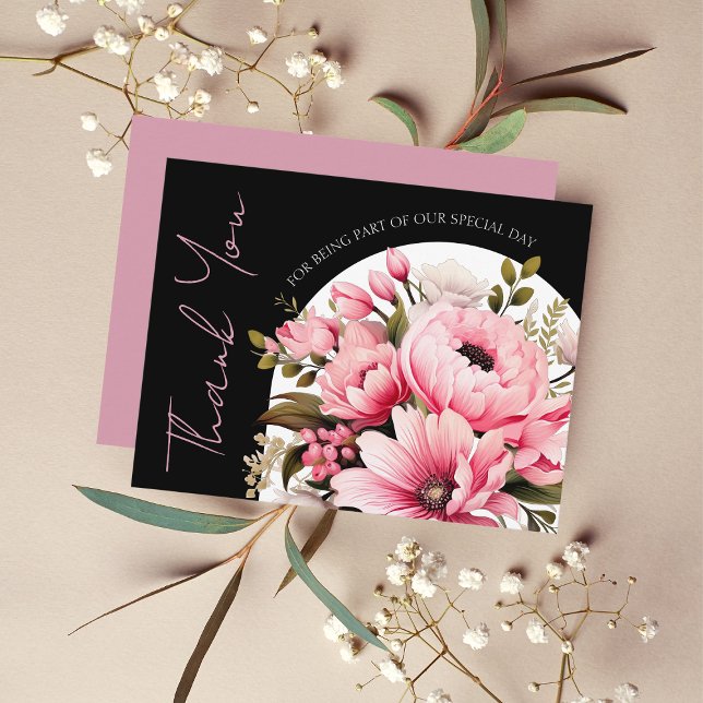 Floral Black Pink Arch Dark Aesthetic Wedding Thank You Card (Creator Uploaded)
