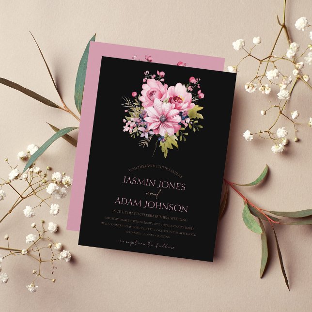 Floral Black Pink Flowers Dark Aesthetic Wedding Invitation (Creator Uploaded)
