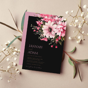 Floral Black Pink Flowers Dark Aesthetic Wedding Invitation