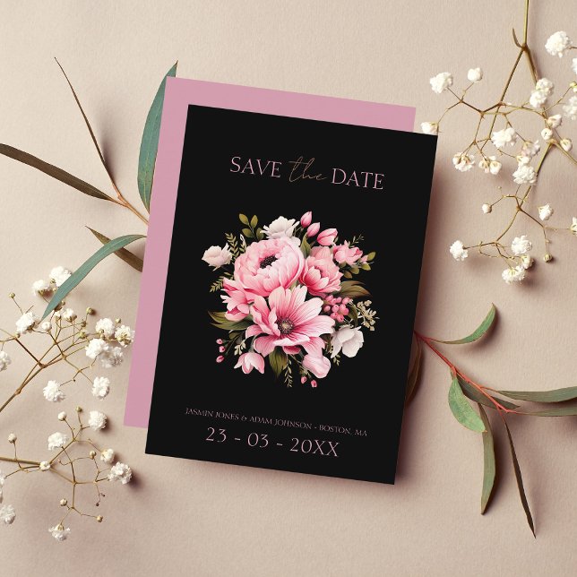 Floral Black Pink Flowers Dark Aesthetic Wedding Save The Date (Creator Uploaded)