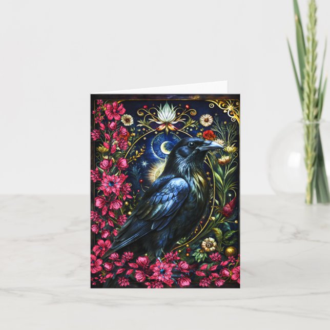Floral Black Raven Blank Note Card (Front)