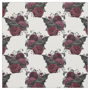 Floral Black Raven on White Fabric