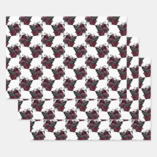 Floral Black Raven on White Wrapping Paper Sheet