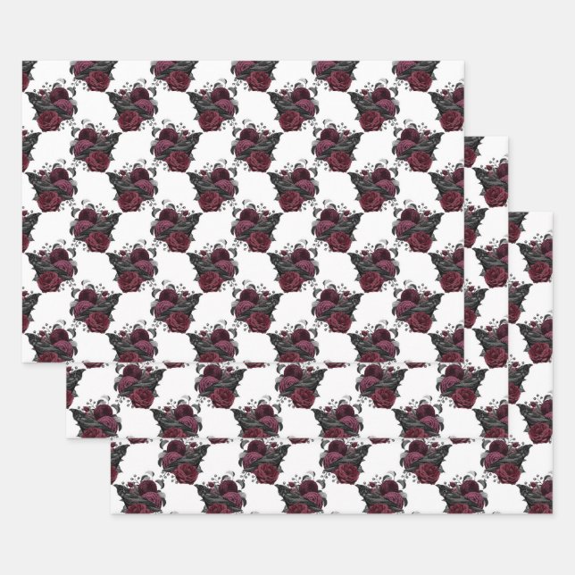 Floral Black Raven on White Wrapping Paper Sheet (Set)