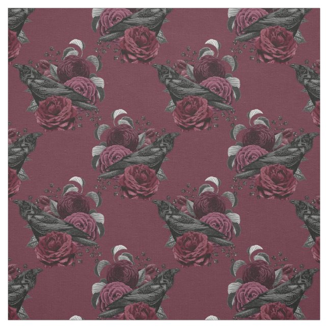 Floral Black Raven on Wine Fabric (Swatch)