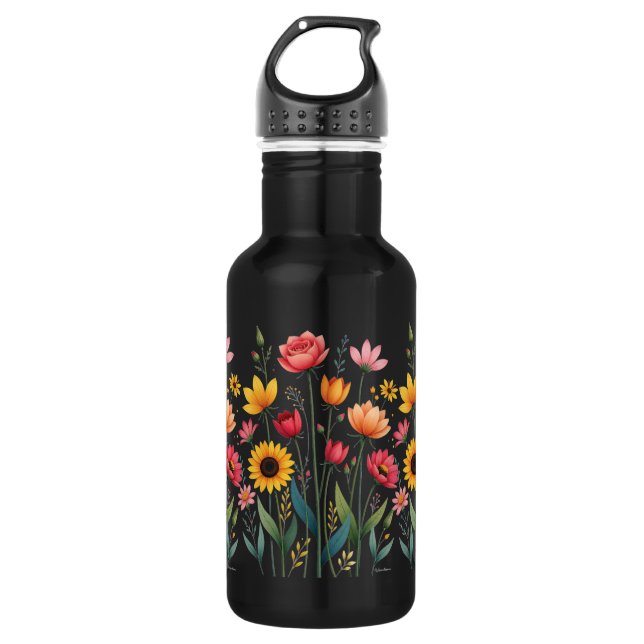 Floral Black Reusable Water Bottle (Front)