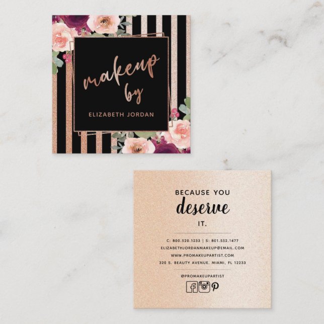 Floral Black Rose Gold Square Business Card (Front/Back)