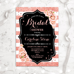Floral Black Rose Gold Stripes Bridal Shower Invitation