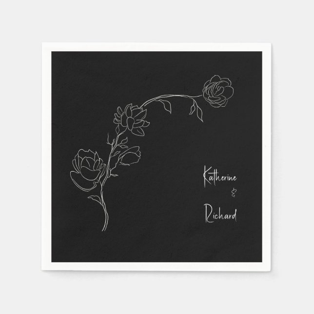 Floral Black Script Names Wedding Napkins (Front)