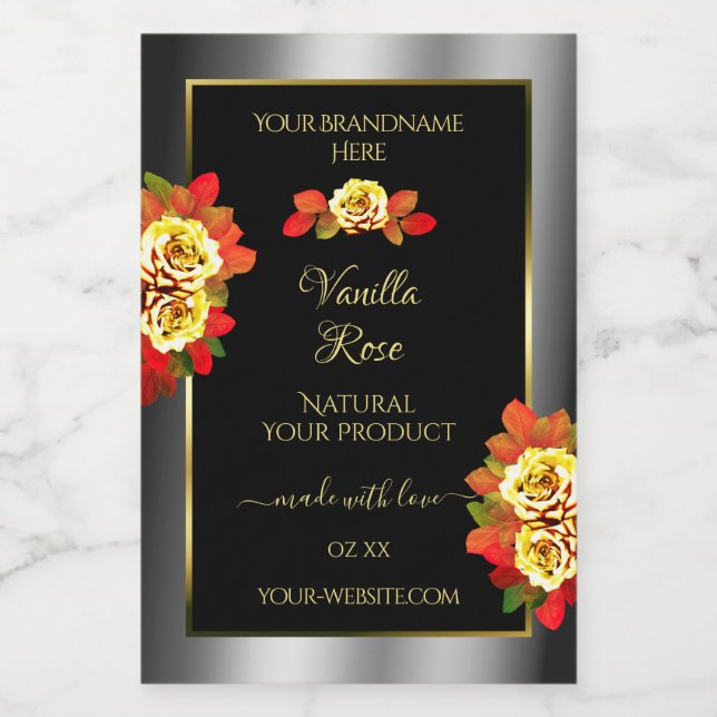 Floral Black Silver Gold Product Labels Cute Roses (Single Label)