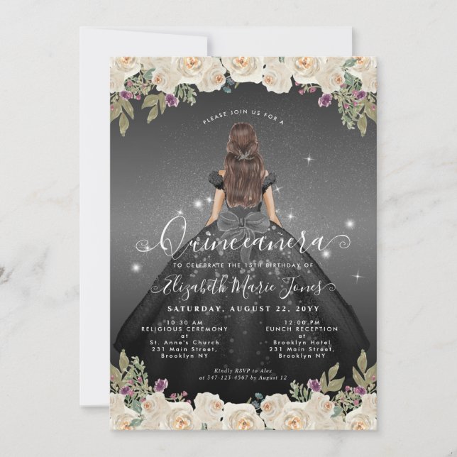 Floral Black Silver Grey Glam Princess Quinceanera Invitation (Front)