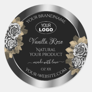 Floral Black Silver Product Label Leafy Roses Logo
