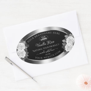Floral Black Silver Product Label White Roses Logo