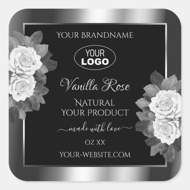 Floral Black Silver Product Label White Roses Logo (Front)