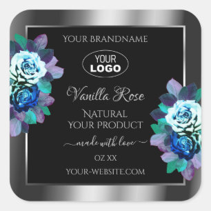 Floral Black Silver Product Labels Logo Teal Roses