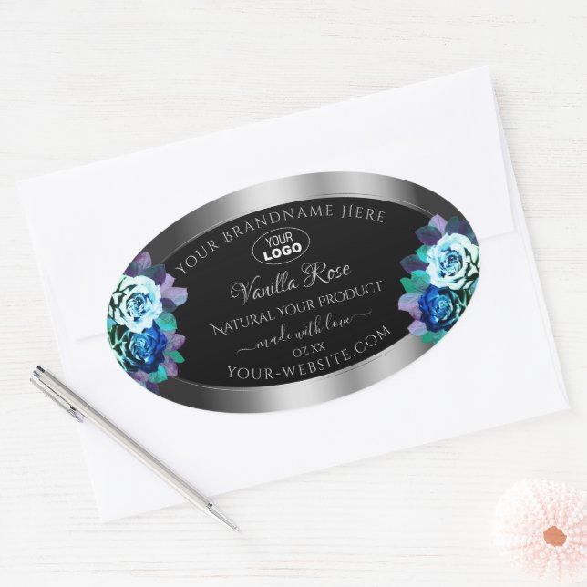 Floral Black Silver Product Labels Logo Teal Roses (Envelope)